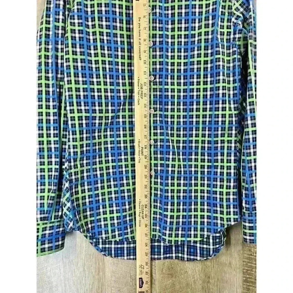 Robert Graham X Mens Medium Tailored Fit Flip Cuff Button Shirt Green Blue Plaid - Picture 7 of 9
